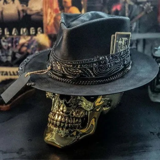 Wool felt conical crown hat with woven denim-inspired skull pattern, handmade Halloween accessory