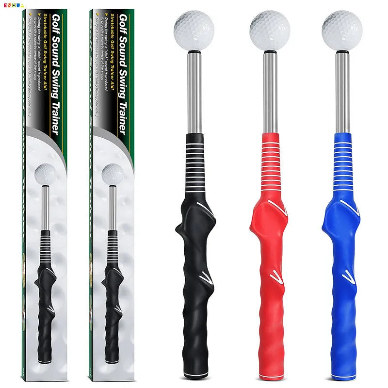 Telescopic golf swing simulator in stainless steel, shown in black, blue, and red colour options.