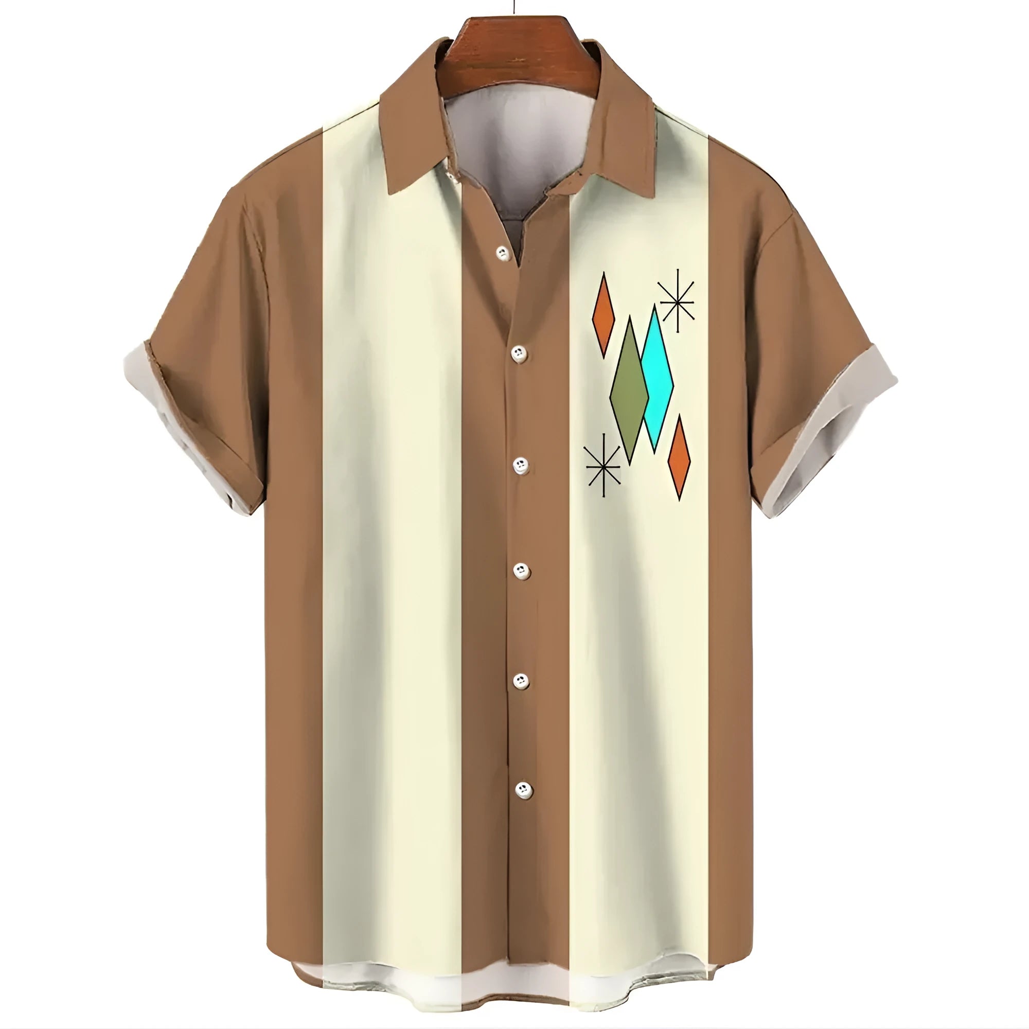 Men's striped Hawaiian casual shirt in polyester with button front and short sleeves