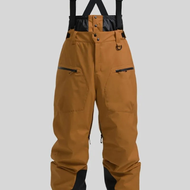 Men's black waterproof ski trousers with reinforced straps and flame-retardant linen fabric.