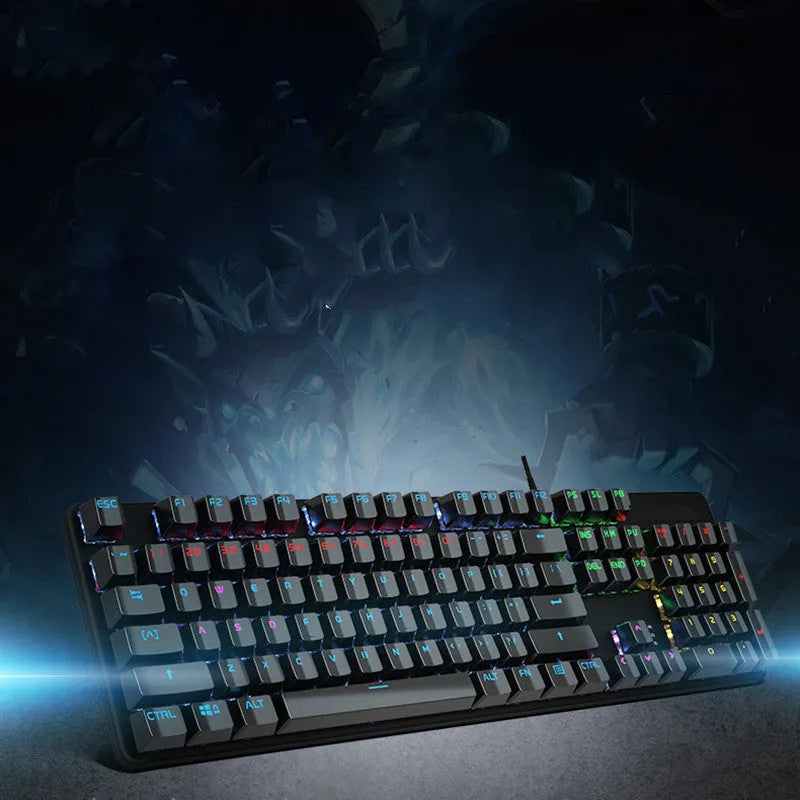 GK410 mechanical keyboard with green switches and metal construction showing full 104-key layout