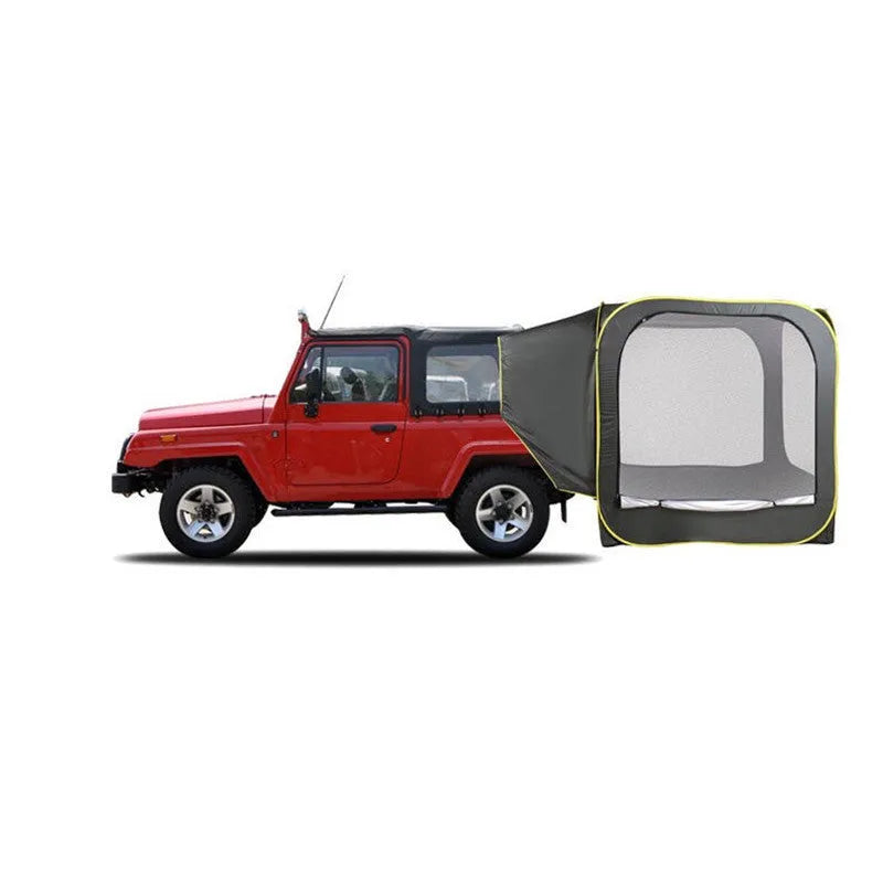 Black pop-up car tailgate tent unfolded to 200cm, showing quick-throw design and optional steel support rods.
