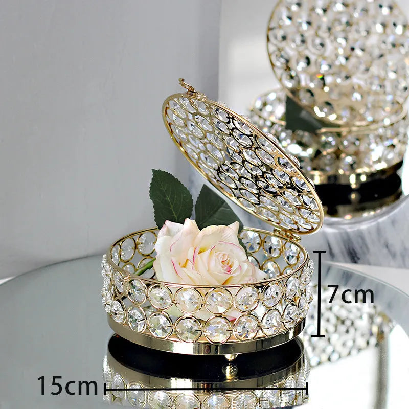 Transparent crystal glass jewellery box with French gold metal accents in European style design