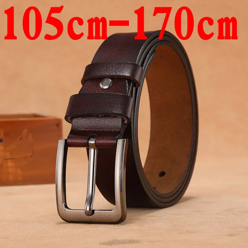 Square head alloy pin buckle casual leather belt in black or brown, shown with length options.