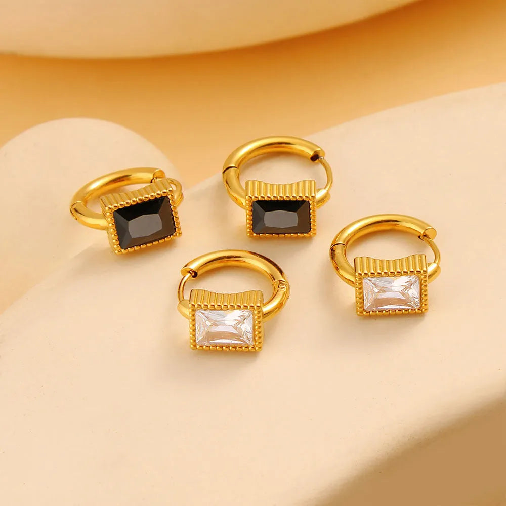 Geometric stainless steel earrings with square zircon stones in white, black, or green colour options
