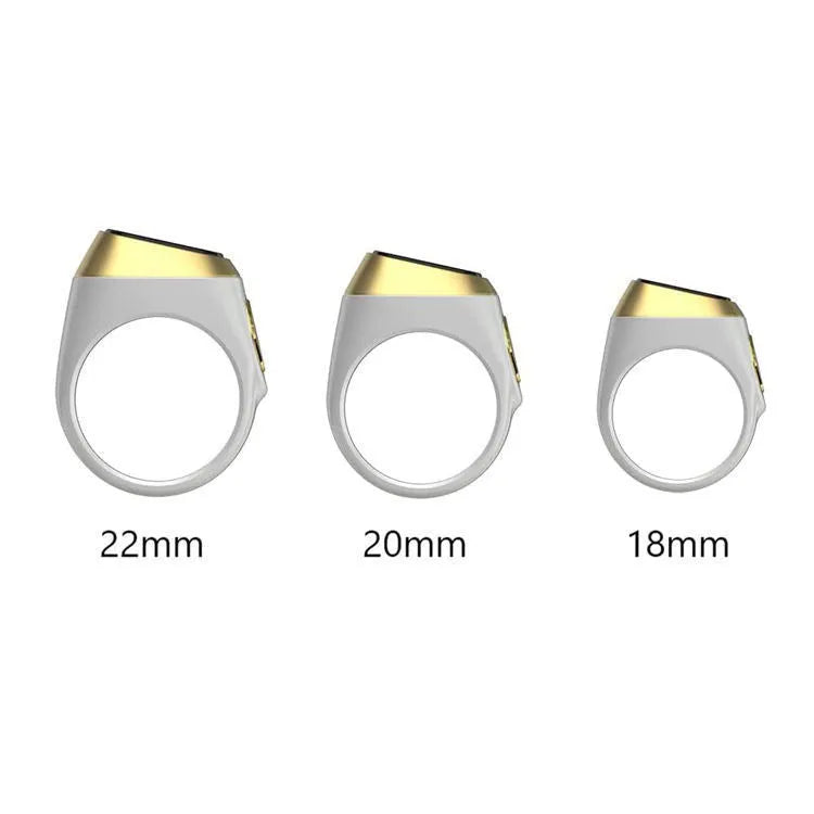 Zikr1 metal smart ring in black with OLED display and single button, shown with charging case.