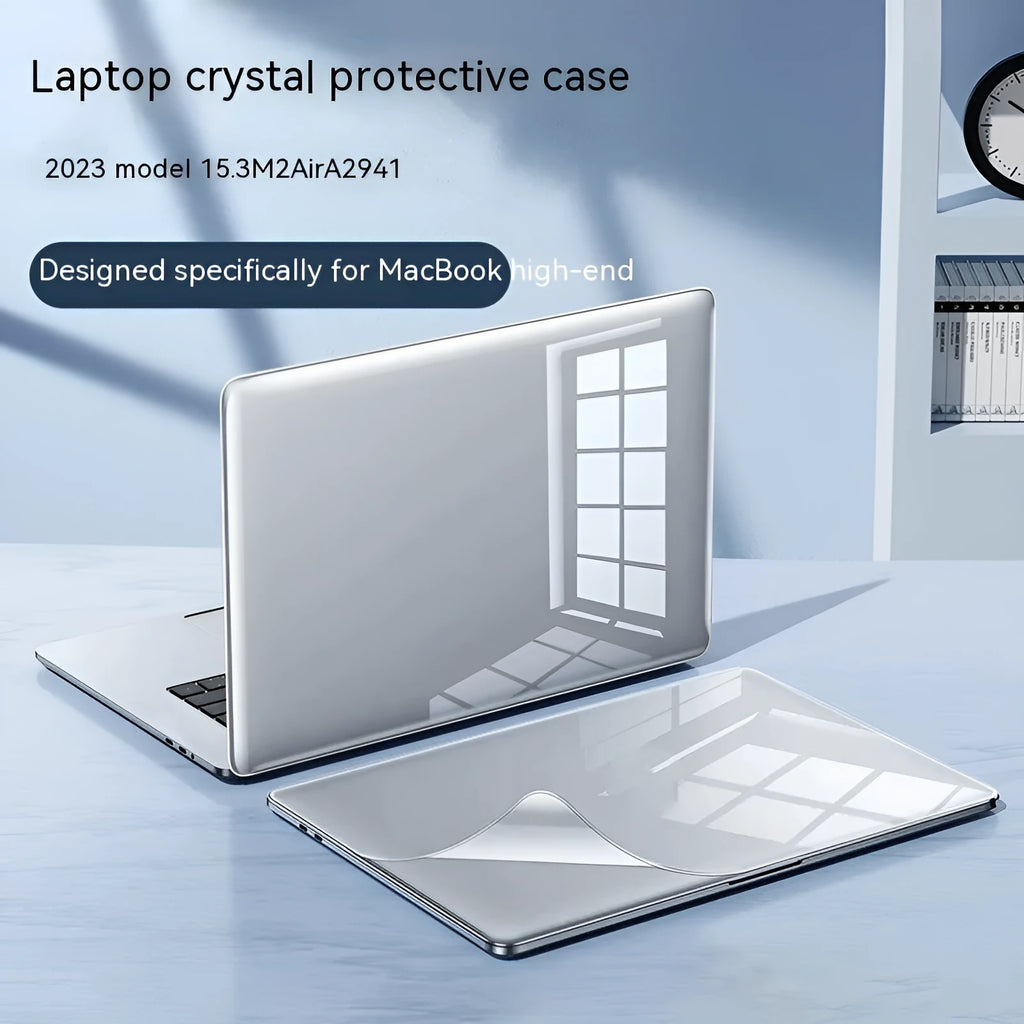 Hard plastic protective case on a MacBook laptop, shown in crystal transparent and matte black finish options.