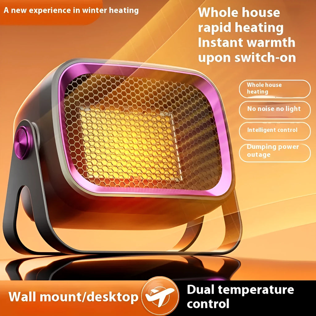 Compact white desktop electric heater with rotatable body and push-button controls.