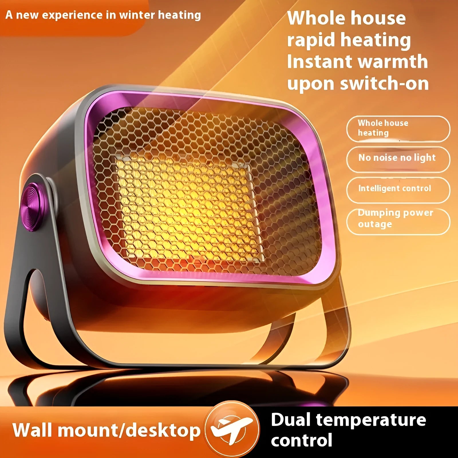 Compact white desktop electric heater with rotatable body and push-button controls.