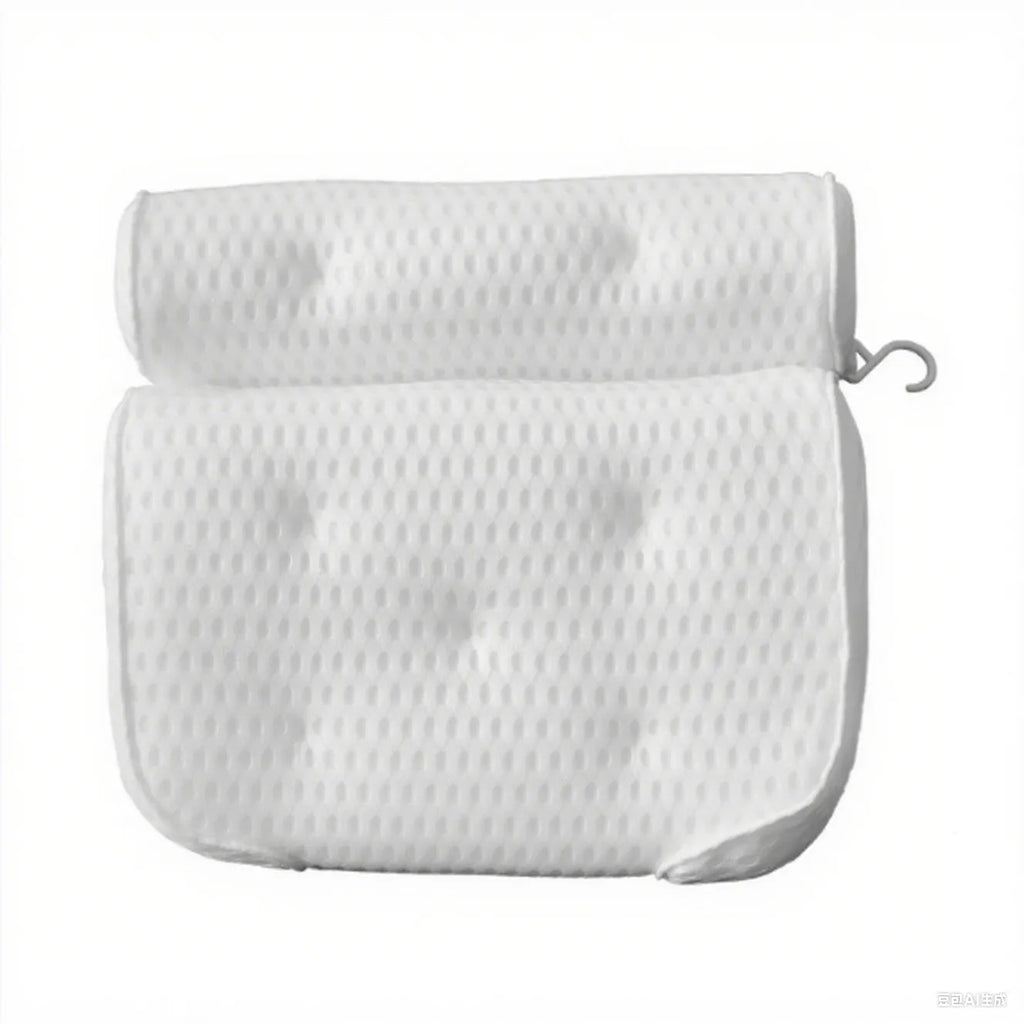 White 4D mesh bathtub pillow with seven suction cups, shown on a bathtub.