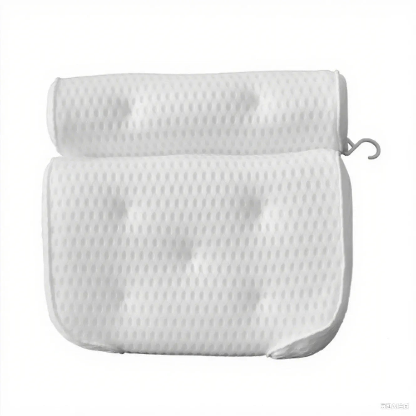 White 4D mesh bathtub pillow with seven suction cups, shown on a bathtub.
