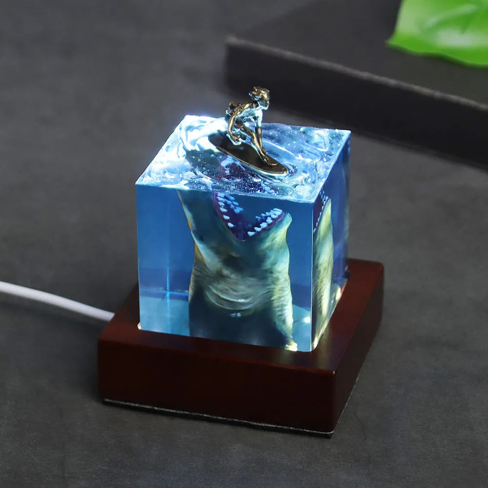 Clear epoxy resin shark surfer night light ornament in 5cm or 8cm size with lamp holder