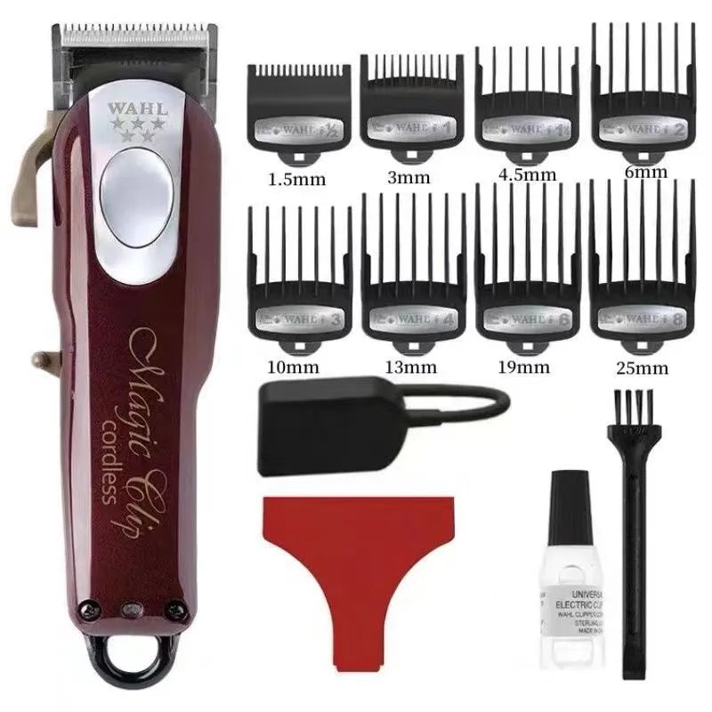 Charging hair clipper with stainless steel cutter head on a white background.