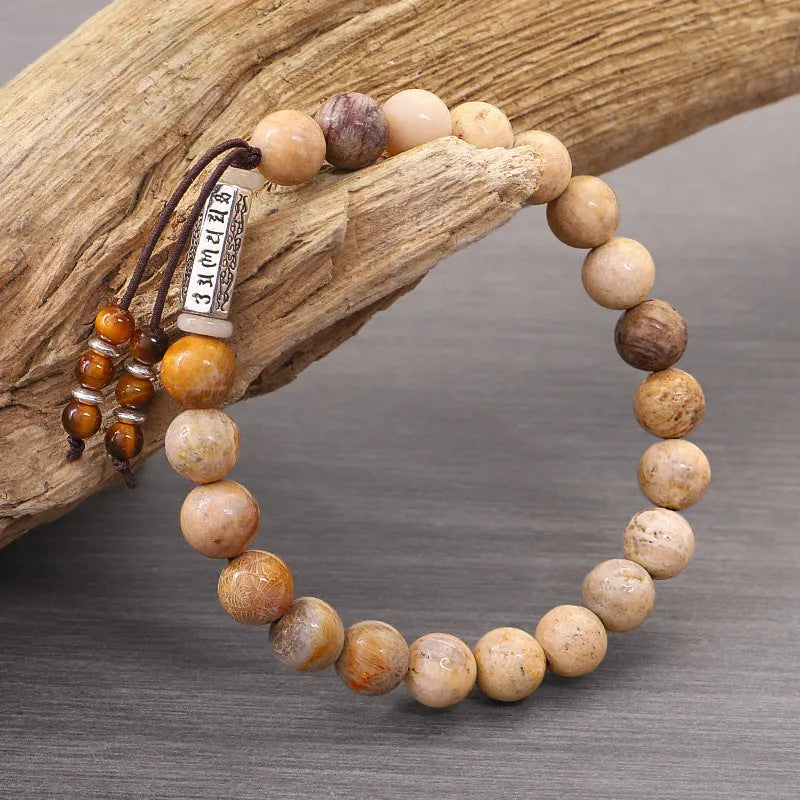 Handmade stone bead bracelet with wood colour finish in European American retro simple style