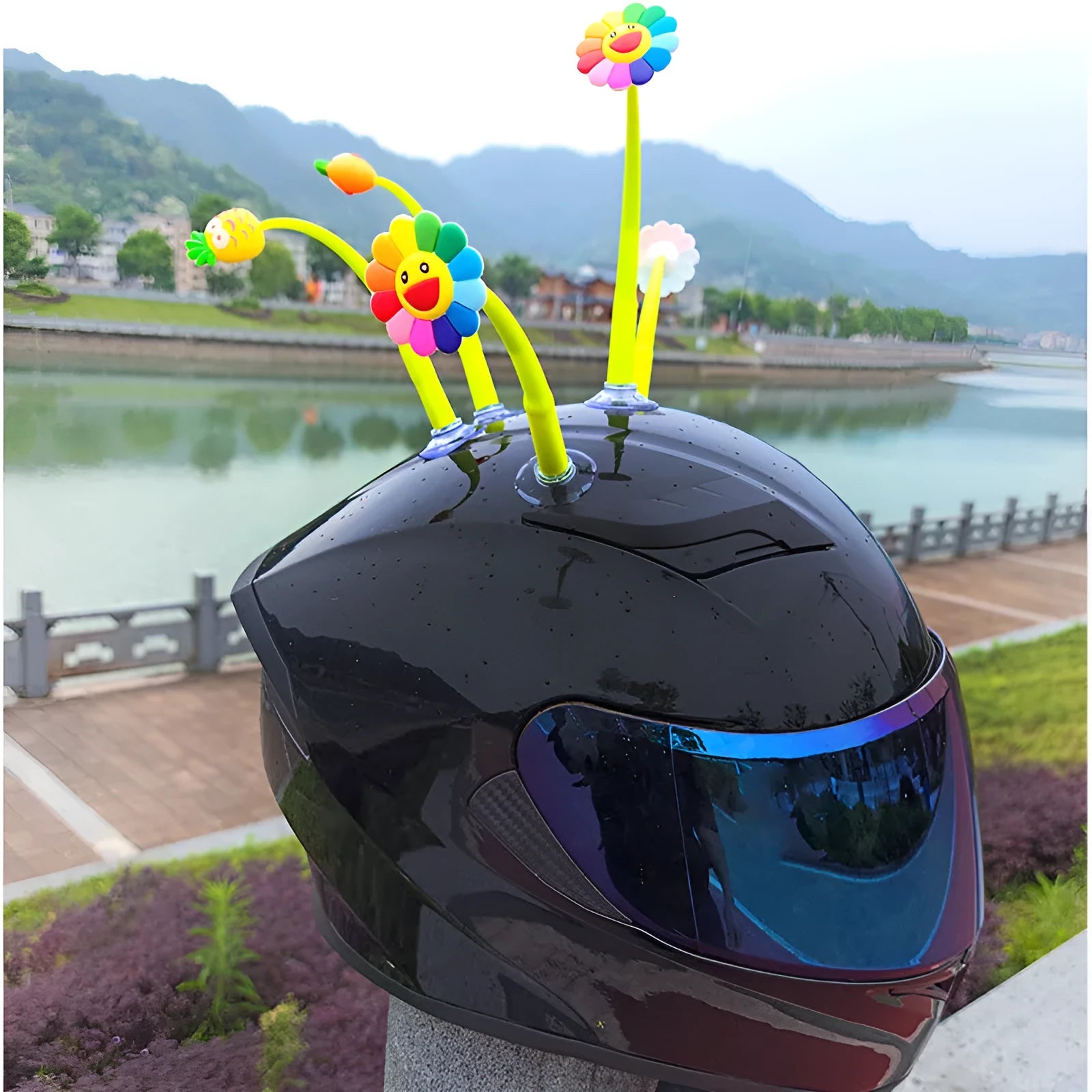 Yellow silicone sunflower helmet decoration with suction cup for motorcycle and scooter helmet customisation