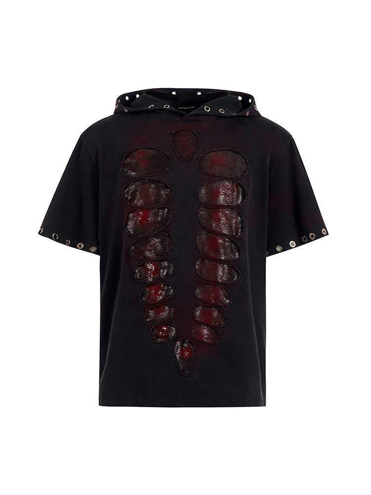 Black hooded men's t-shirt with sequin detailing in loose-fitting short-sleeve design