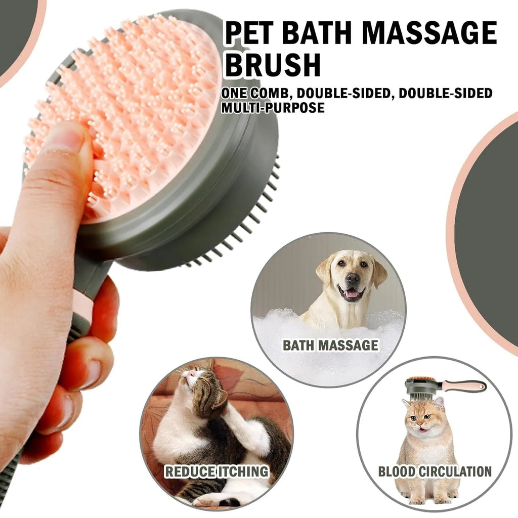 Double-sided cat grooming brush with release button in pink colour