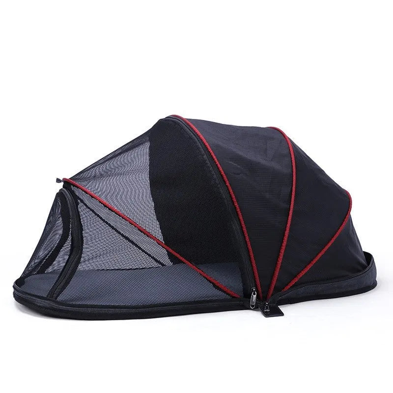 Foldable cloth cat tent with half mesh panels in black or blue colour