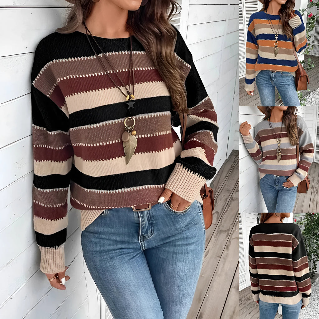 Women's colourblock striped pullover sweater in polyester fabric
