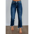 Solid colour women's cotton denim jeans with a hand-distressed finish in dark blue