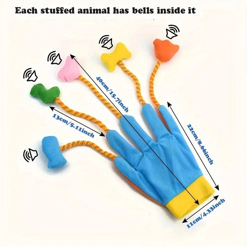 Yellow blue plush cat toy with bell and trailer measuring 40 cm