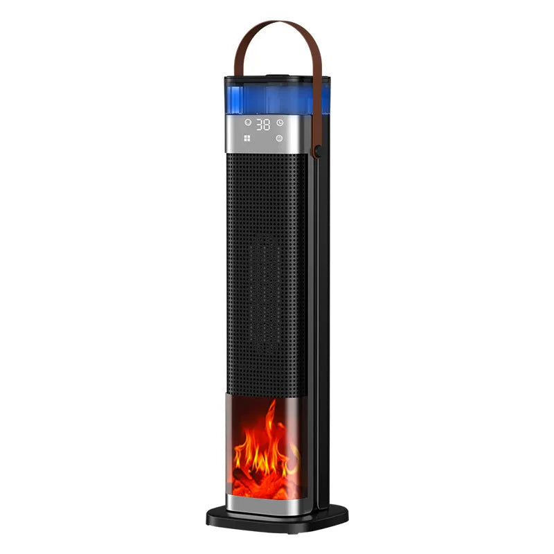 Tall, slim vertical heater with remote control and voice command function for room humidification and heating.