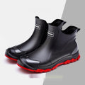 Short tube PVC rain boots with round toe and non-slip sole, shown in black and beige colour options.