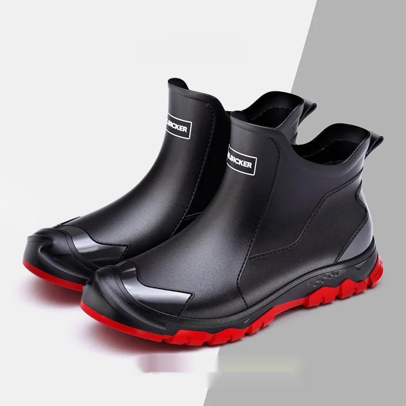 Short tube PVC rain boots with round toe and non-slip sole, shown in black and beige colour options.