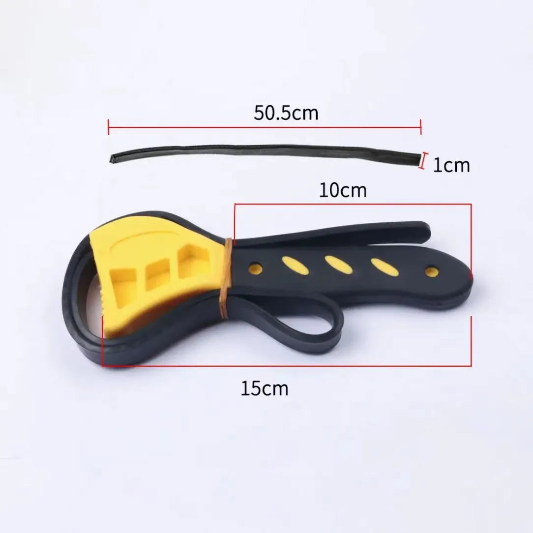 Adjustable rubber strap wrench showing plastic body and rubber strap in 6-inch and 8-inch sizes