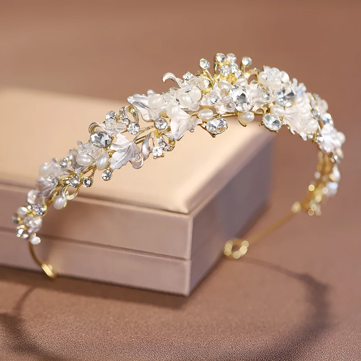 Pearl crown headdress hair accessory with electroplated gold or silver finish and alloy construction