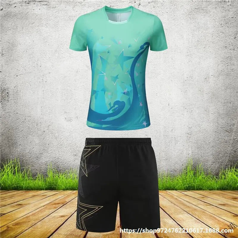 Unisex badminton sportswear suit in polyester, showing short-sleeved top and trousers in sapphire blue colour.