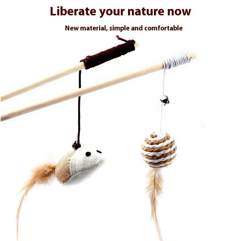 Cat teaser wand toy with wooden pole, cotton string and bell in single-opp style options