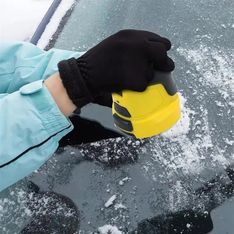 Yellow cordless electric snow scraper with USB charging cable for car windshield ice removal
