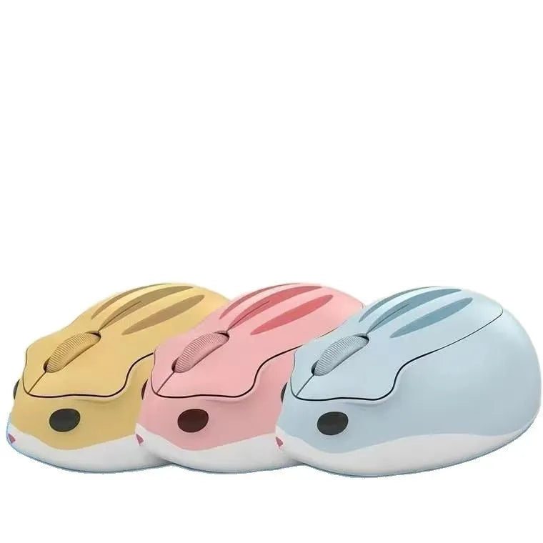 Hamster wireless mute mouse in grey, pink, and yellow colours showing compact Bluetooth design