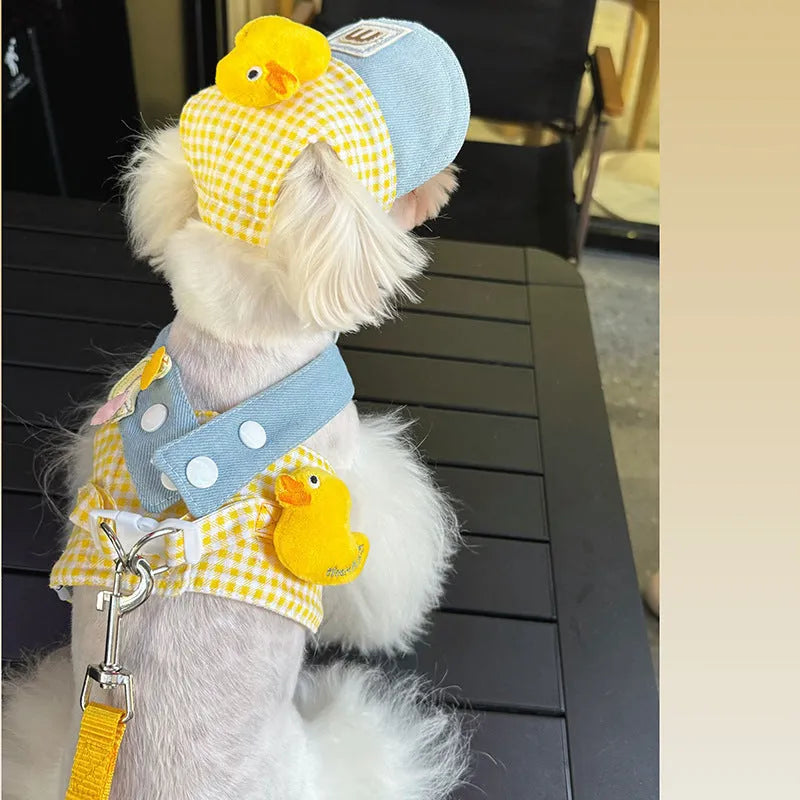 Pet harness and leash set with wire rope pulling components and cute hat cat clothes outfit