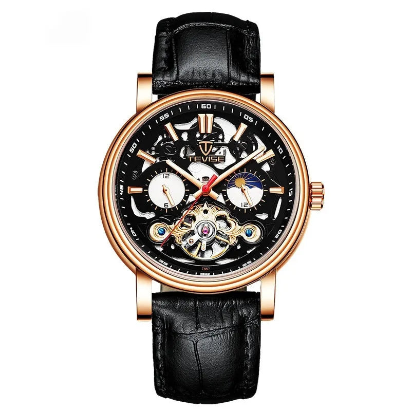 Men's black dial mechanical watch with visible golden tourbillon complication and luminous hands on a metal bracelet.