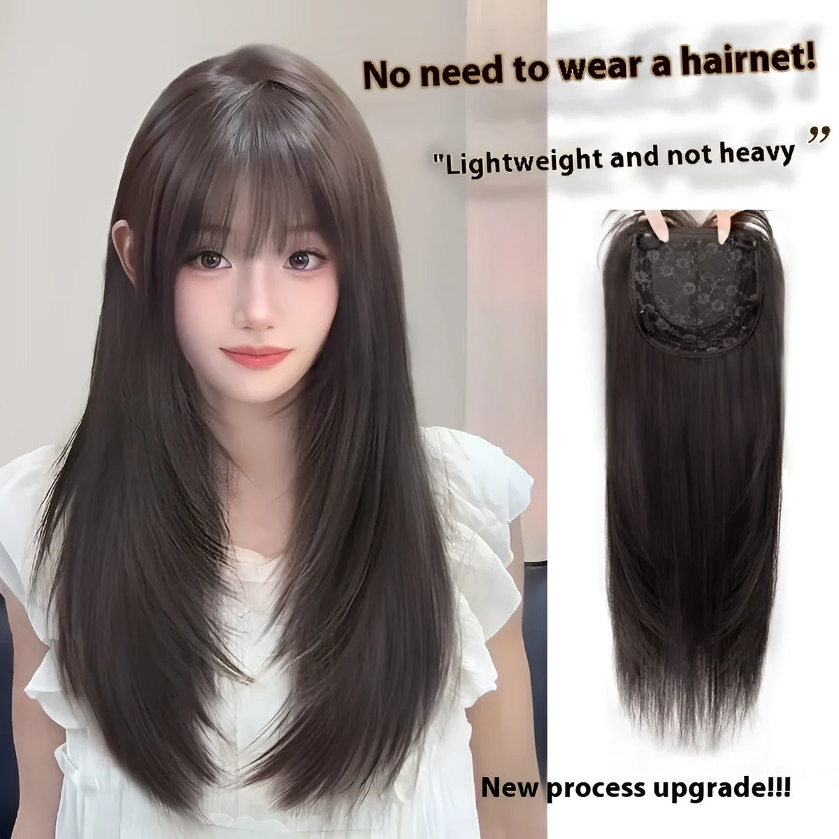 Women's black long straight full-head wig with high-layered styling on display