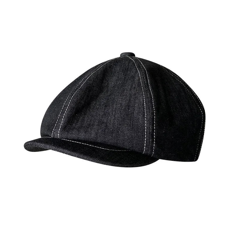 Black Japanese denim beret hat showing retro design with cotton construction