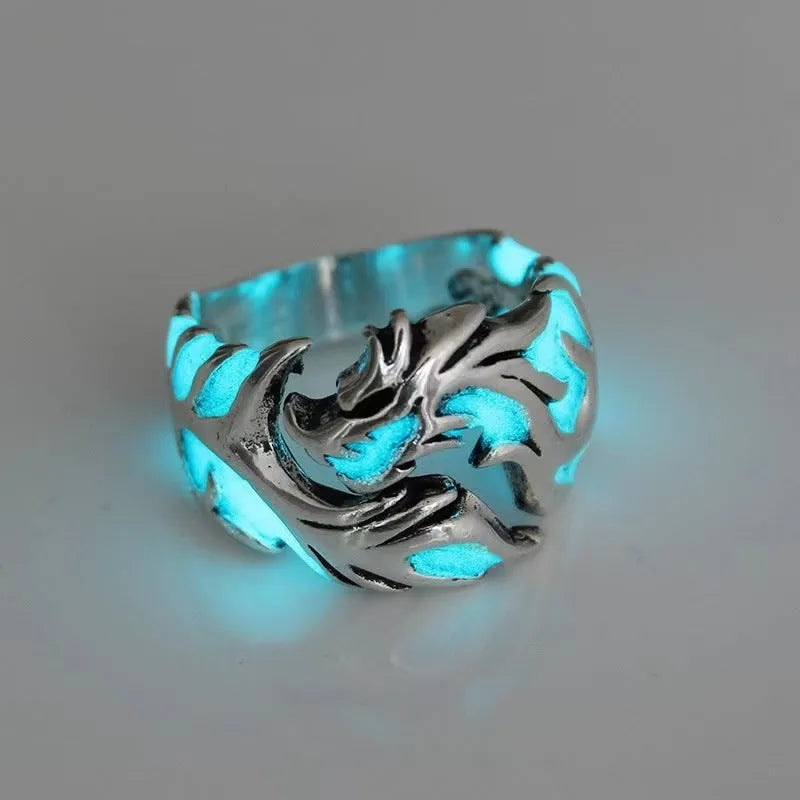 Chinese dragon pattern adjustable ring in archaism silver blue and green colour