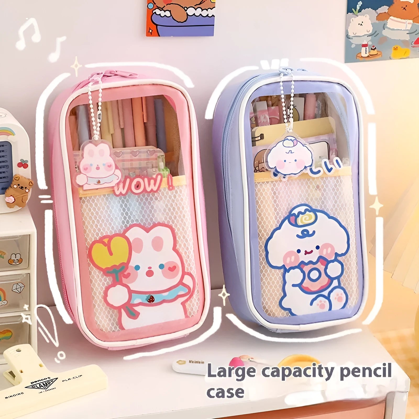 Transparent PVC pencil case with Korean cartoon pattern design for school stationery storage