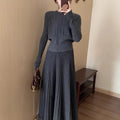 Dark grey retro styled knitted dress suit set with 3D pattern and collage stitching details