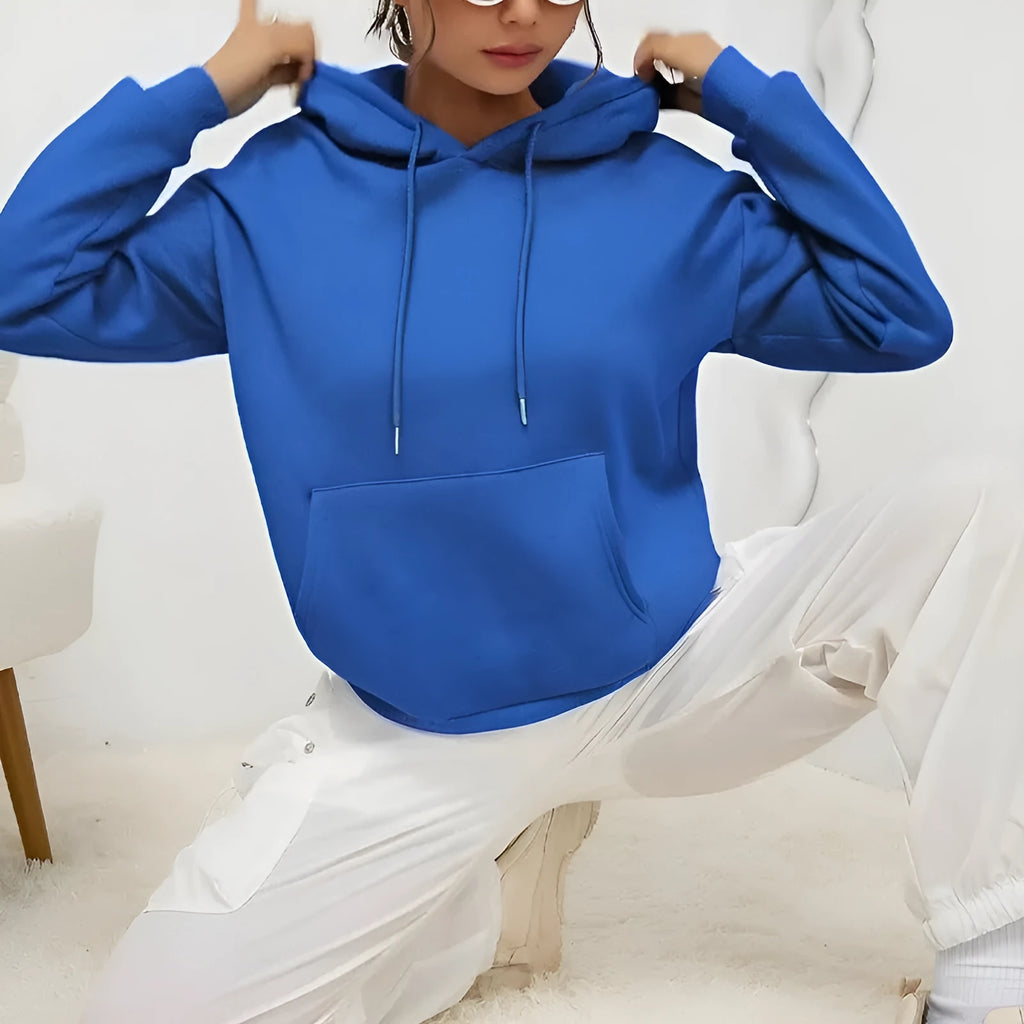 Women's loose drawstring pocket sweatshirt in polyester fabric with long sleeves