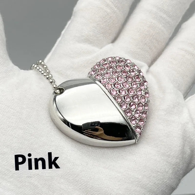 Heart-shaped USB flash drive with a brick-inlaid pattern on a metal shell, shown in multiple colour options.