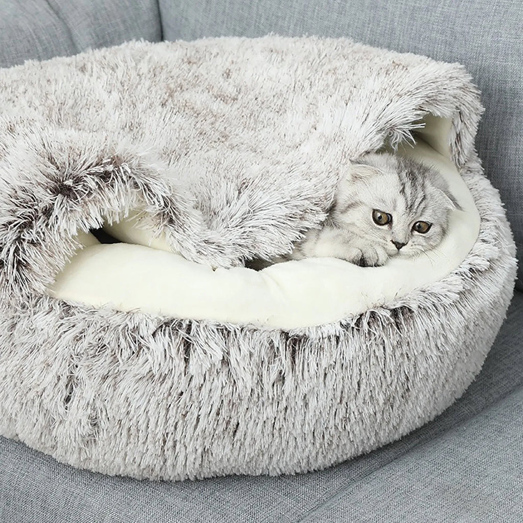 Round plush hooded cat bed in faux fur with non-skid base, semi-enclosed donut shape, available in 40cm, 50cm, 60cm