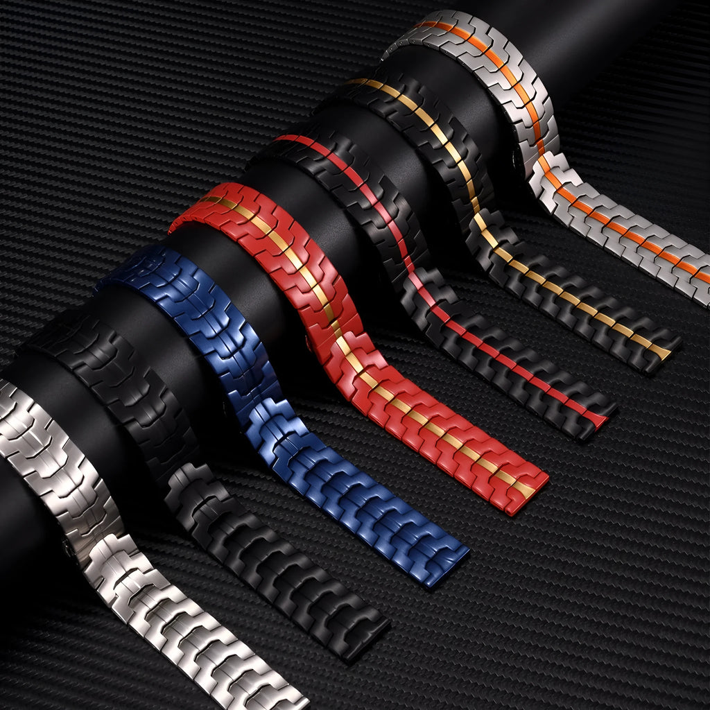Stainless steel watch strap for Samsung Galaxy Watch in silver and black colour options, showing 20mm and 22mm width.