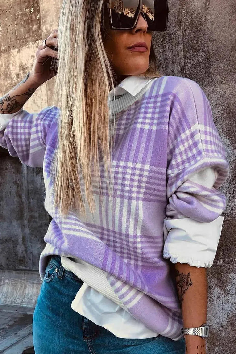 Lilac plaid print women's sweater with ribbed collar and cuffs in loose fit design