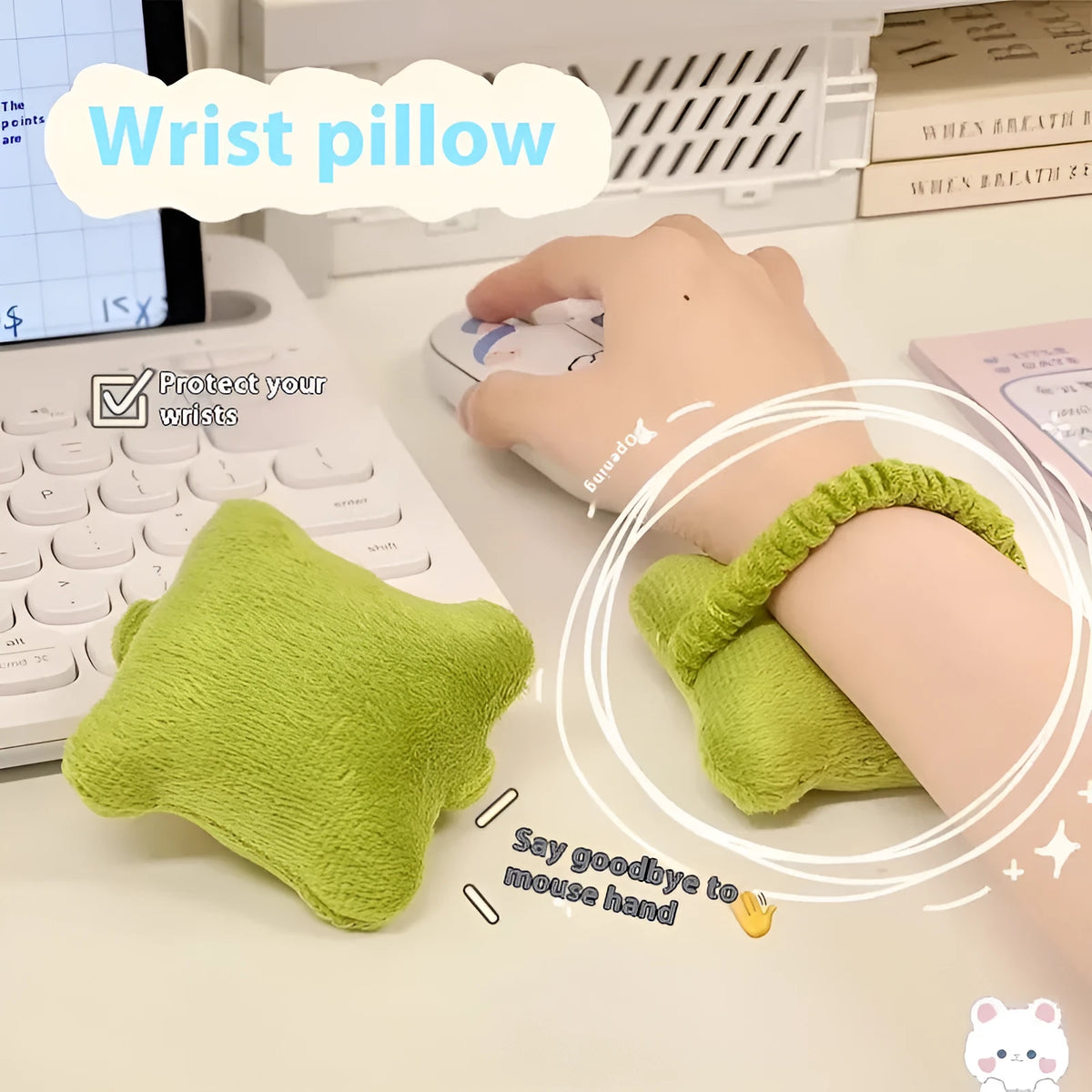 Plush wrist protector mouse pad pillow in blue, green and pink colours for keyboard typing comfort