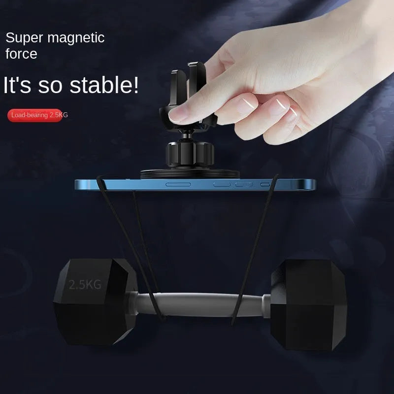 Black aluminium alloy magnetic car phone holder mounted on car dashboard with adjustable gooseneck arm