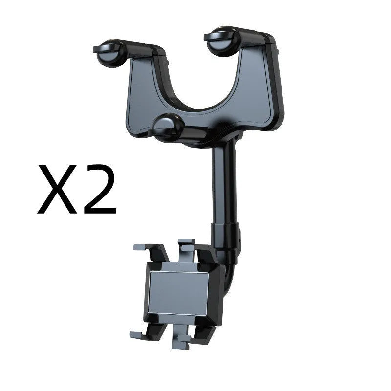 Black rearview mirror phone holder with 360° rotating head and retractable arm extended