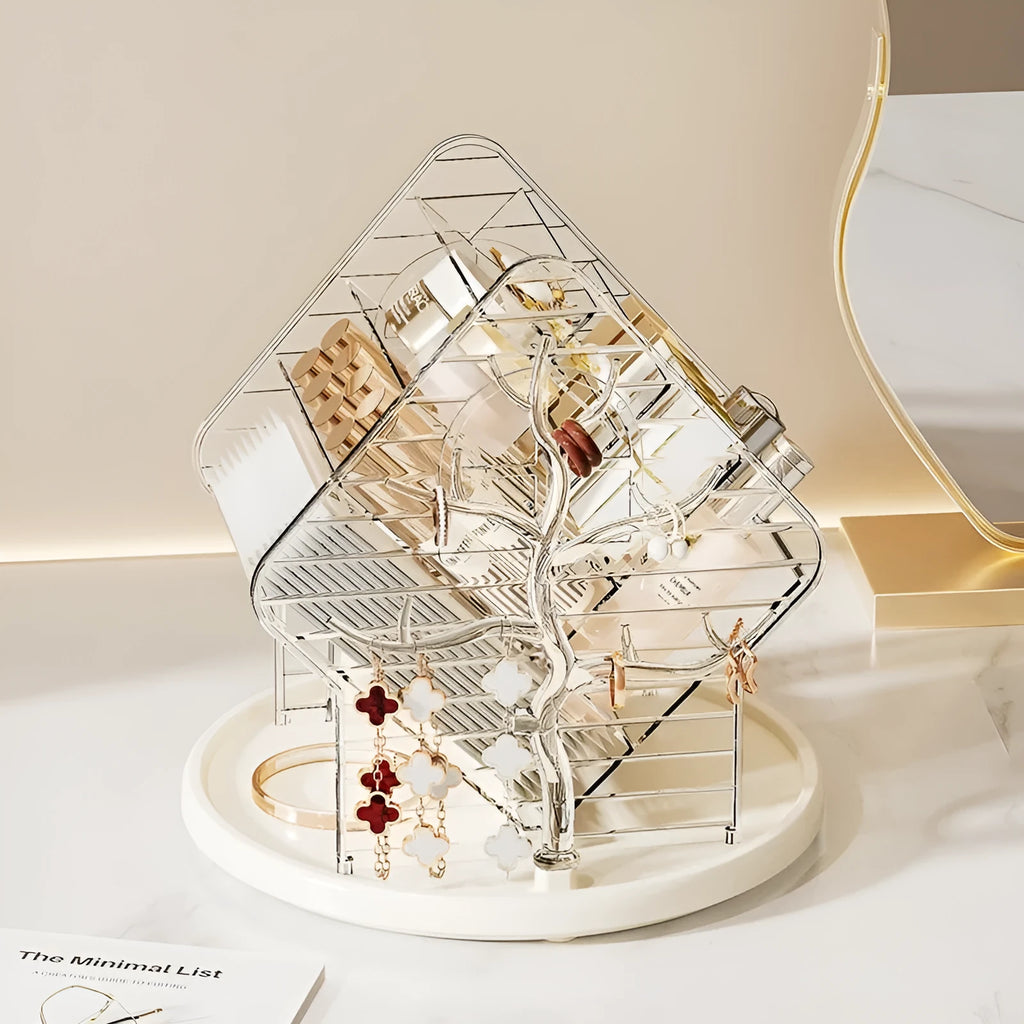 Rotating transparent cosmetics storage box with 360° rotation in light luxury style